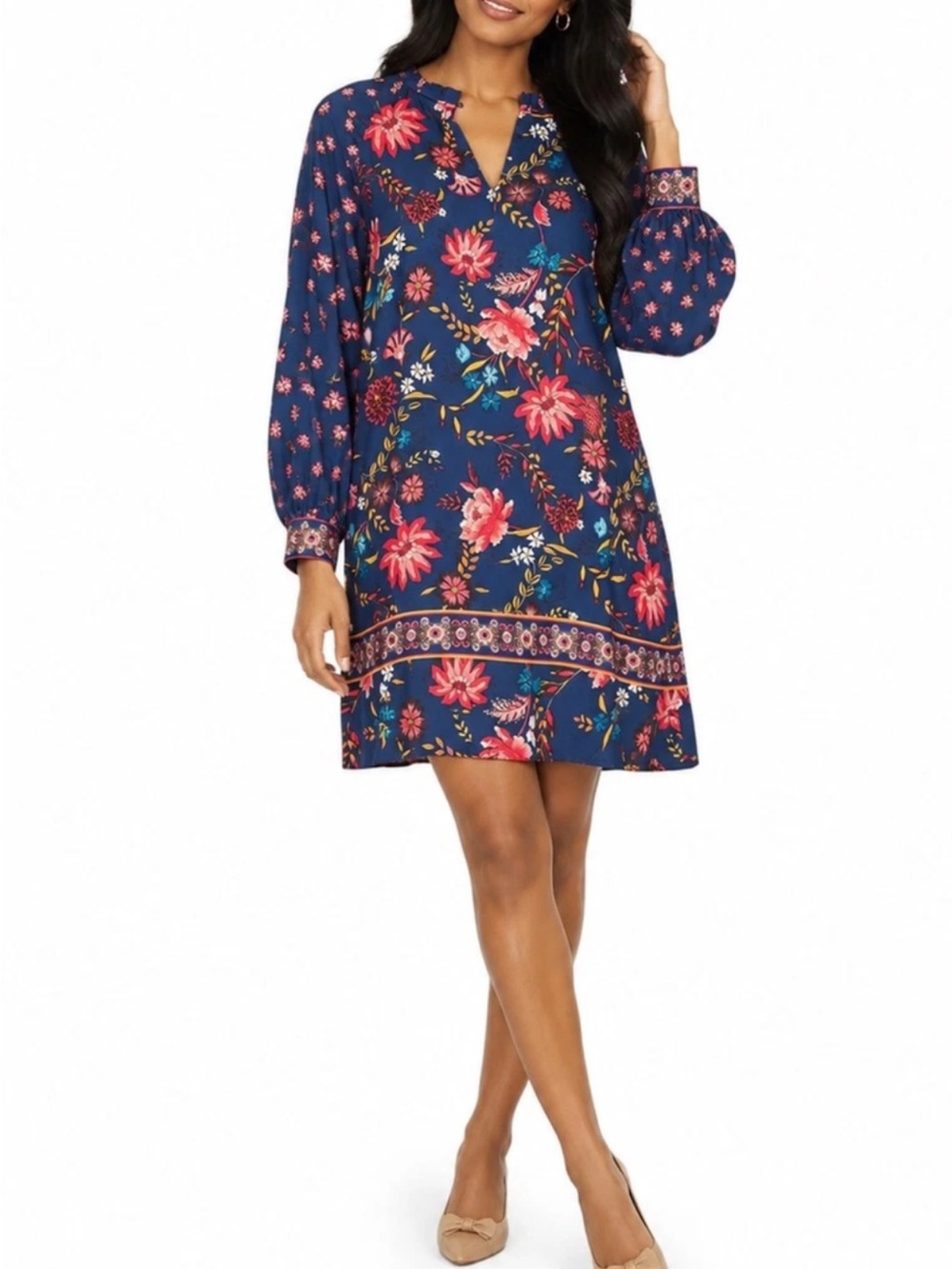LOFT Navy Floral Long Sleeve Shift Dress with Pink and Red Blooms Size SP